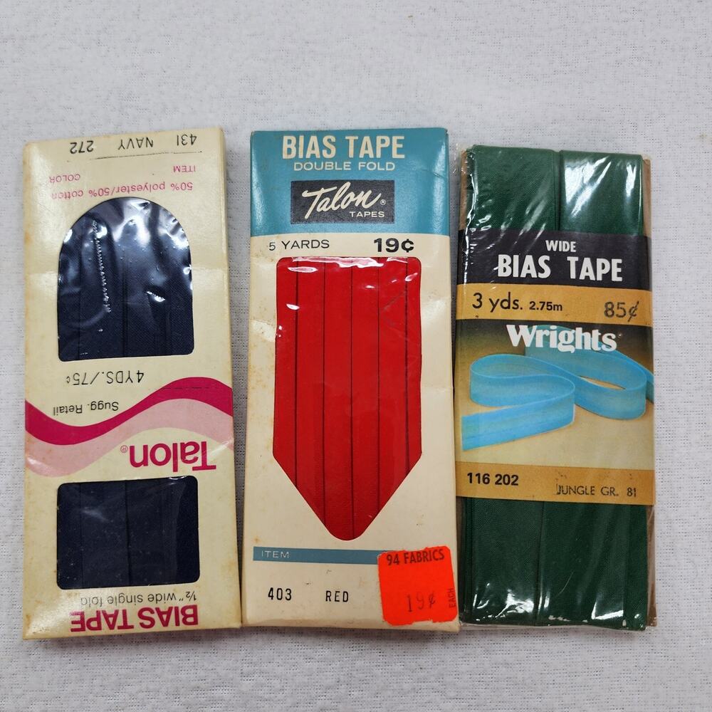 Vintage Lot of 3 Craft Bias Tape Trim Wright 3 yd-Green Talon 5 yd-Red 4yd-Blue